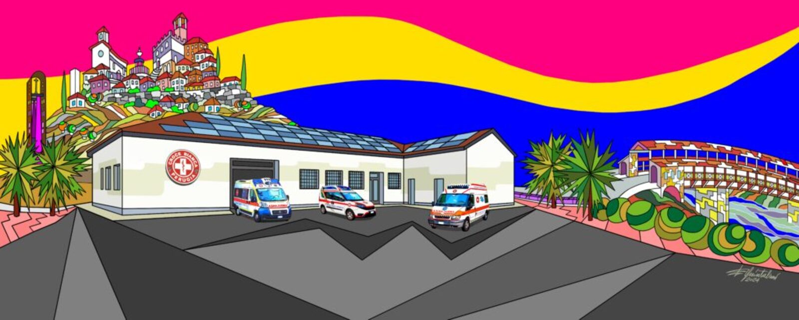 Illustrazione della sede della Croce Bianca Perugia a Ponte San Giovanni con le ambulanze
